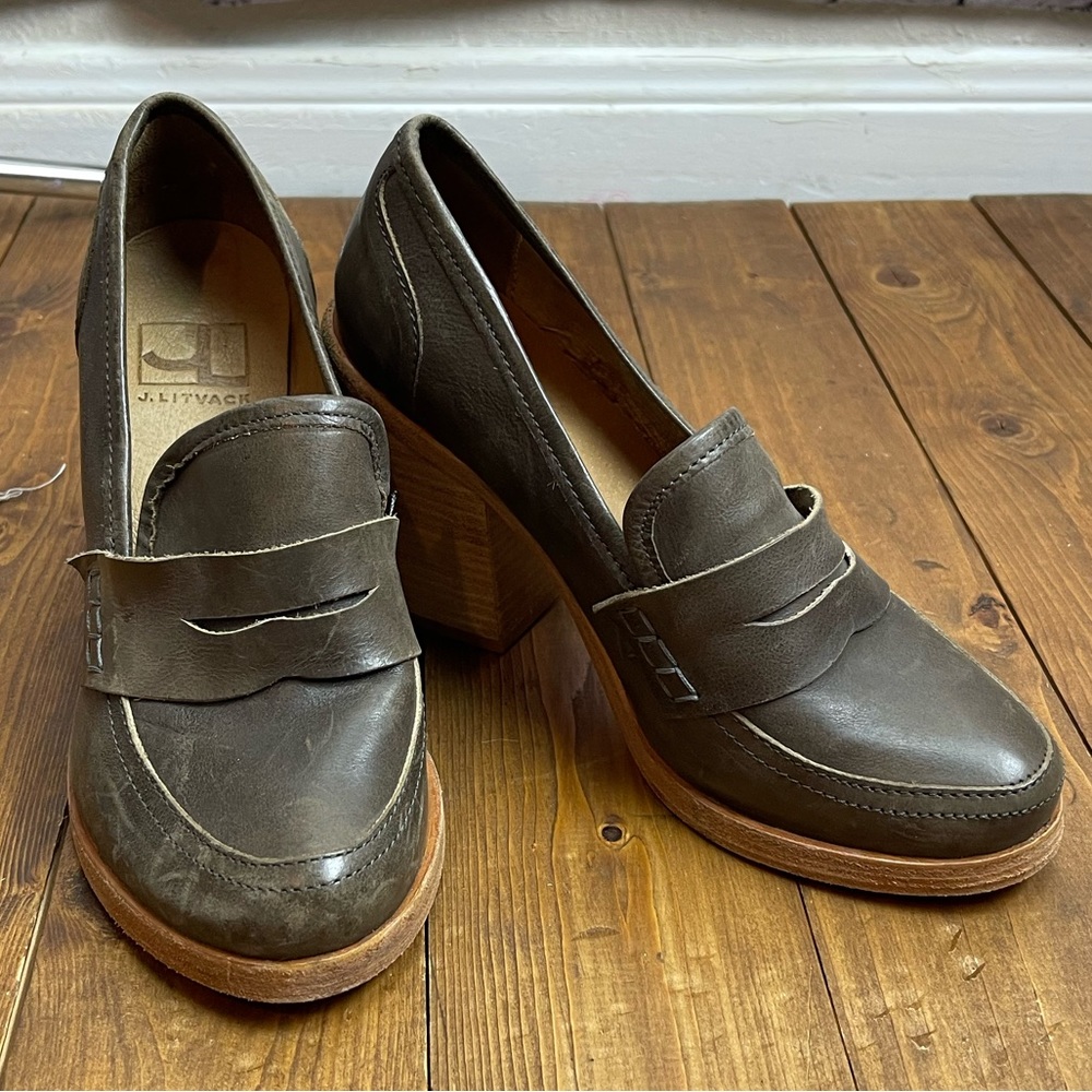 J Litvack Lenox Chunky heeled loafers dark taupe leather size 36
